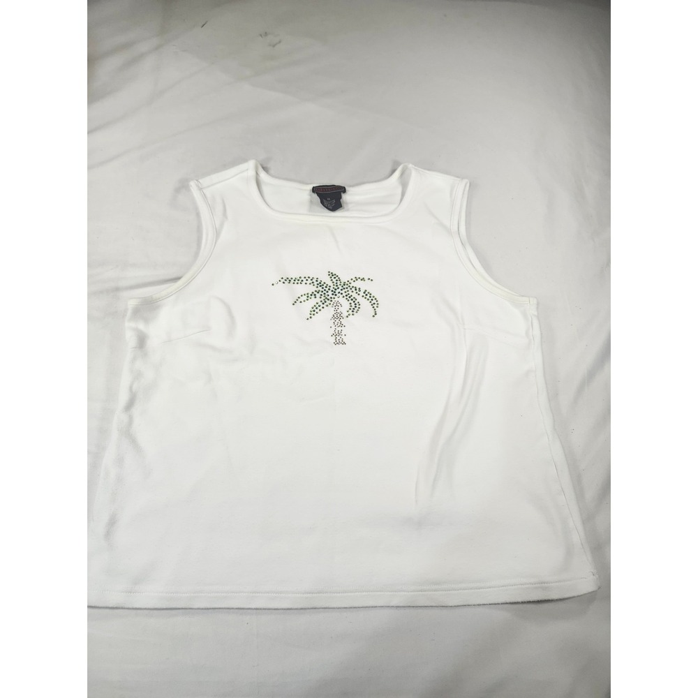 Tara Vanessa White Cotton Palm Tree Rhinestone Tank Top Womens XL Sleeveless